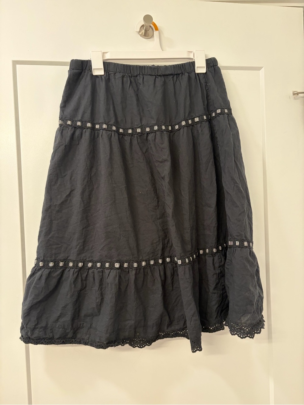 Women’s Adjustable Waist Black Tiered A-Line Skirt with White Details